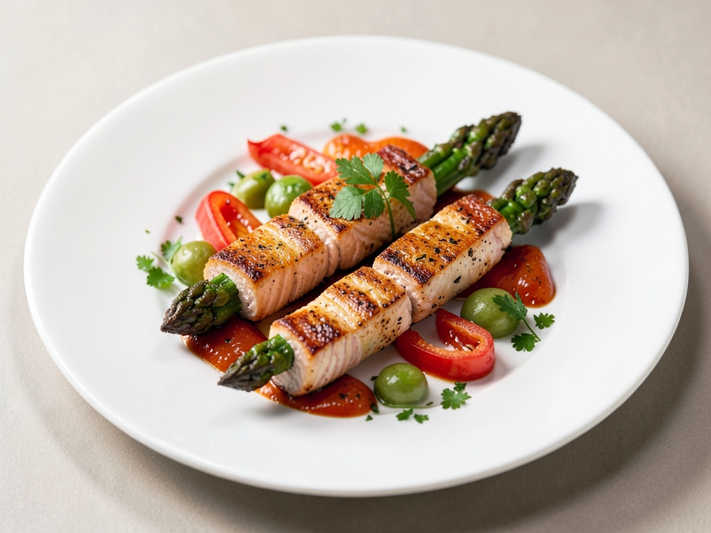 Brochettes d'asperges et saumon au poivron