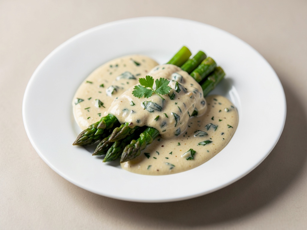 Espárragos tiernos con salsa cremosa de parmesano y albahaca