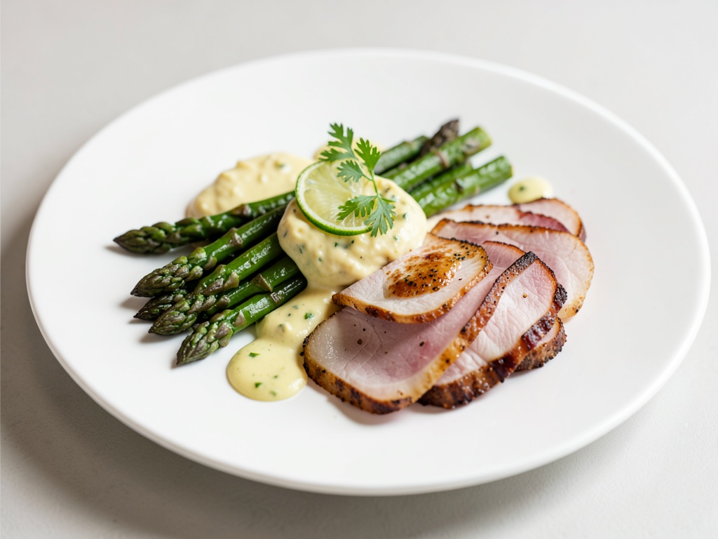 Asparago con olandese al lime e piatto di prosciutto