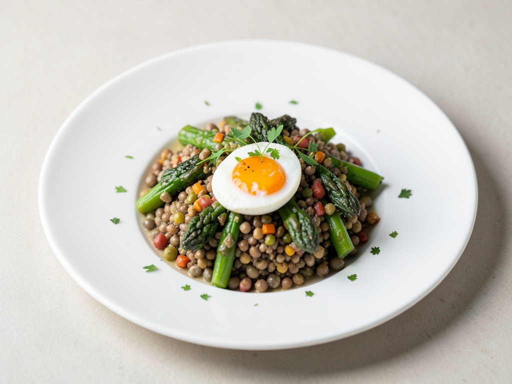 Bowl de lentilles et asperges avec œuf poché
