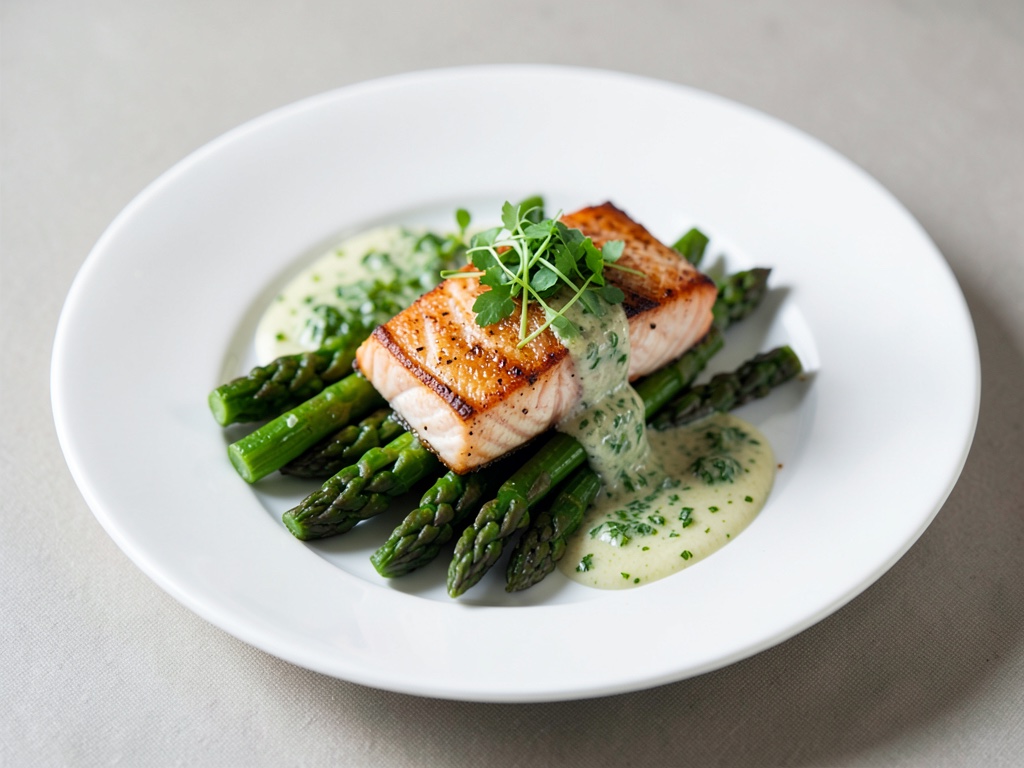 Asparago verde con salmone fritto e salsa di crescetta fresca