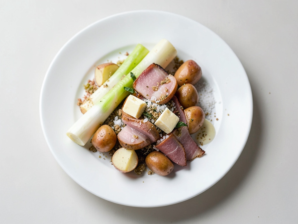 Asparago verde con croccanti patate e prosciutto