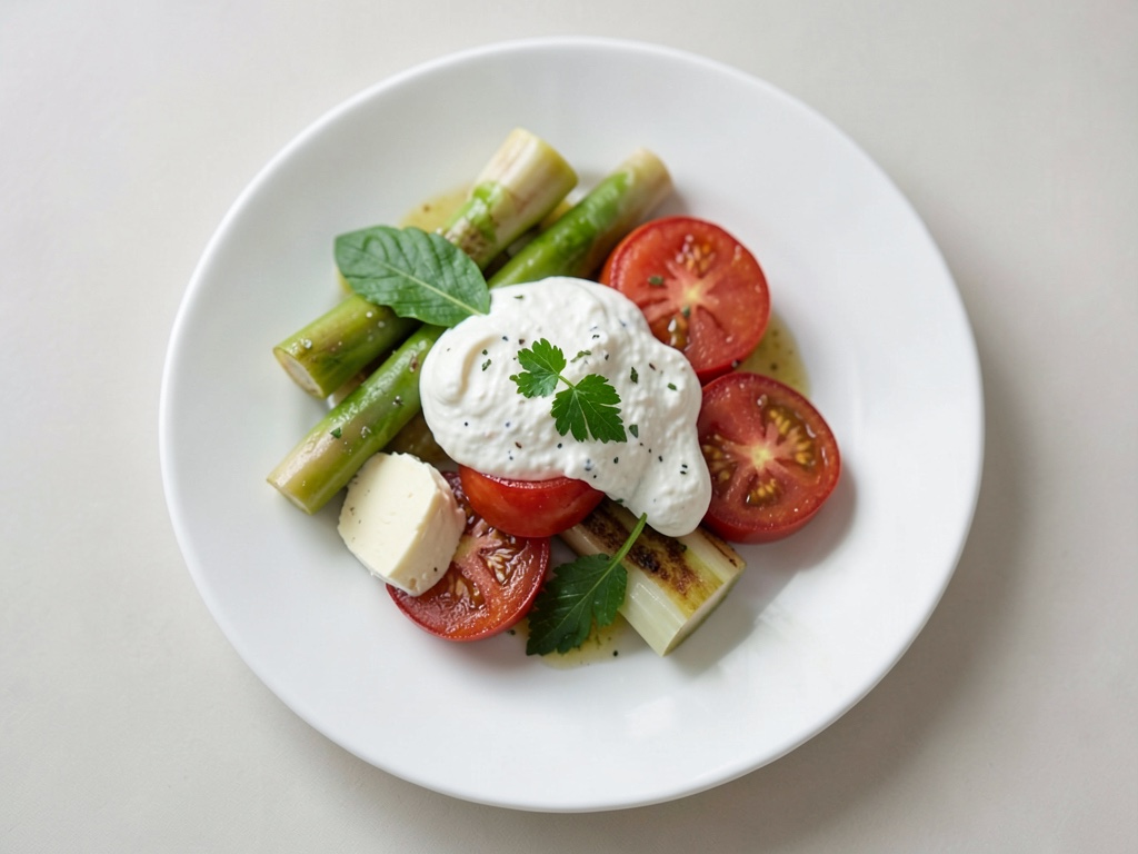 Asparago con crema di ricotta e pomodori e quaglie