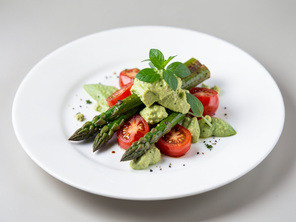 Asparago con crema di pomodori e avocado