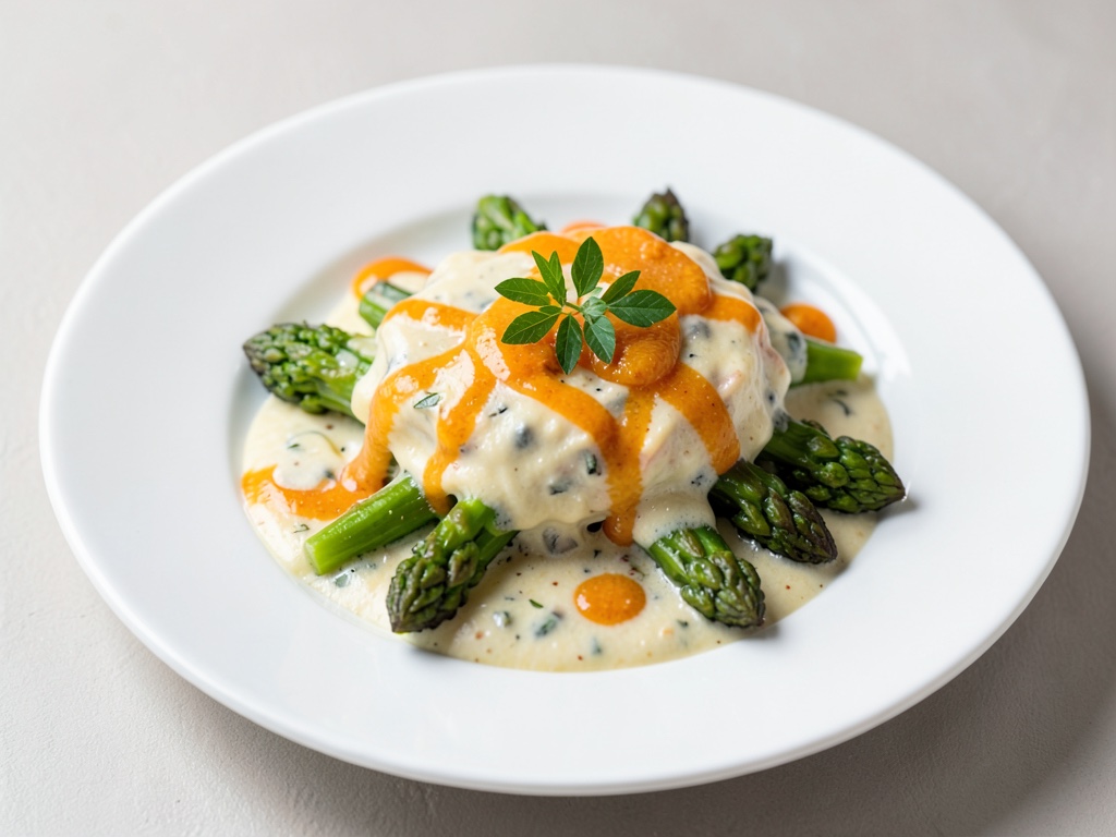 Cremoso gratinado de espárragos con queso y salsa de naranja