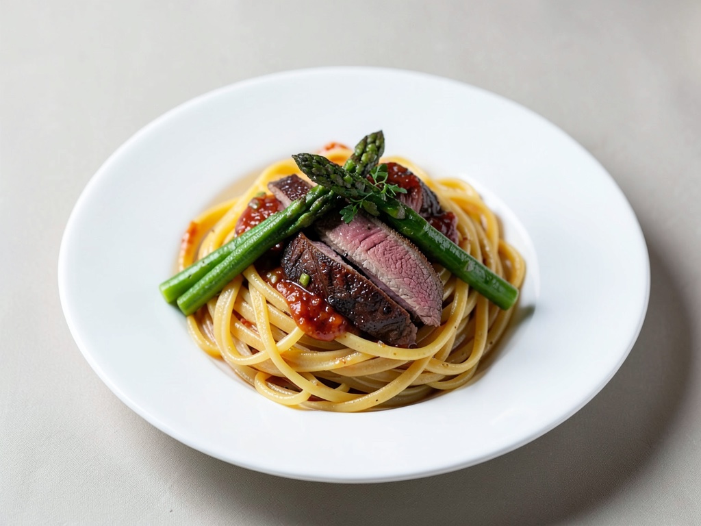 Bandnudeln mit Spargel und geräuchertem Rindfleisch