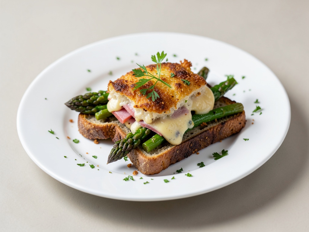 Tost crujiente de espárragos y jamón con costra de queso