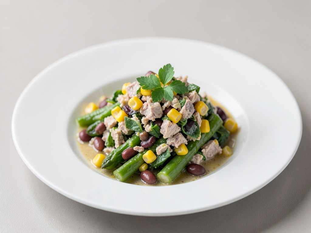 Insalata fresca di asparagi, tonno, mais e fagioli