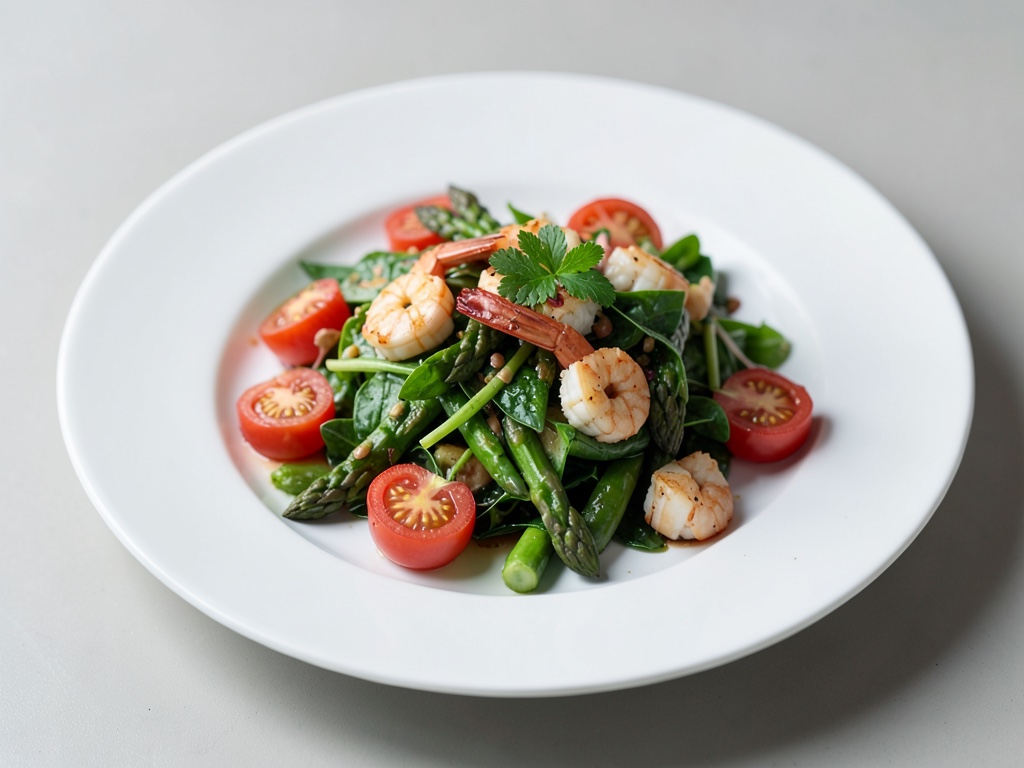 Insalata fresca di asparagi e pomodorini con gamberetti