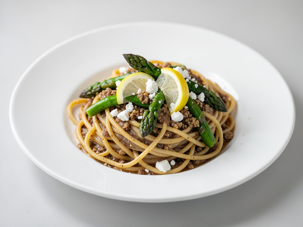 Vollkorn-Spaghetti mit Spargel, Zitrone und Feta