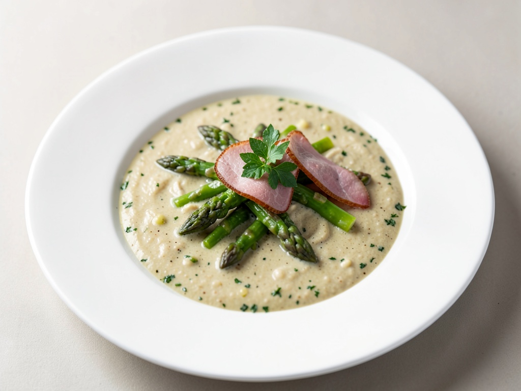 Cremige Spargel-Suppe mit Schinken