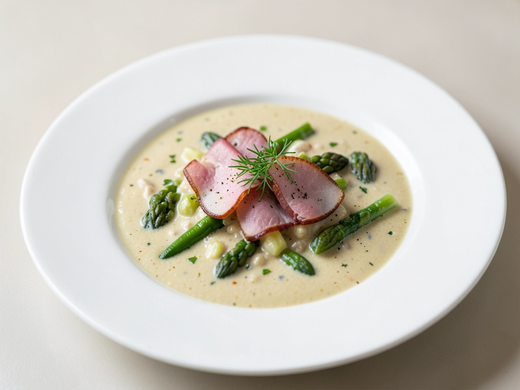 Zuppa cremosa di asparagi con prosciutto