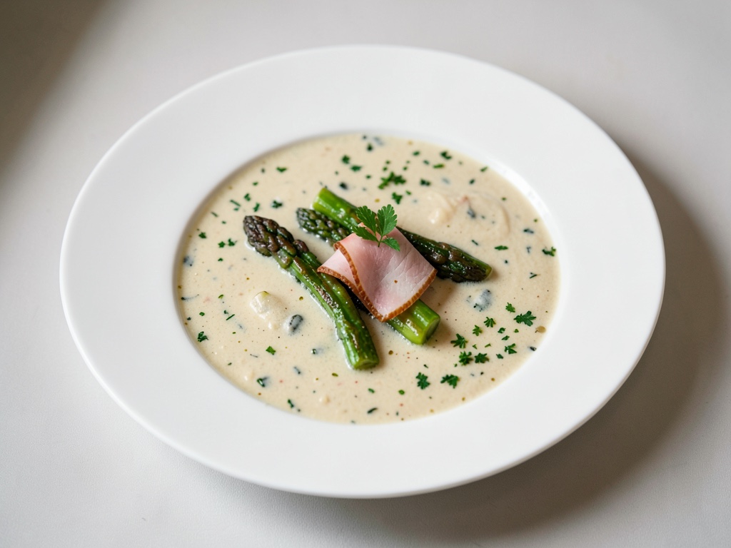 Zuppa cremosa di asparagi con prosciutto
