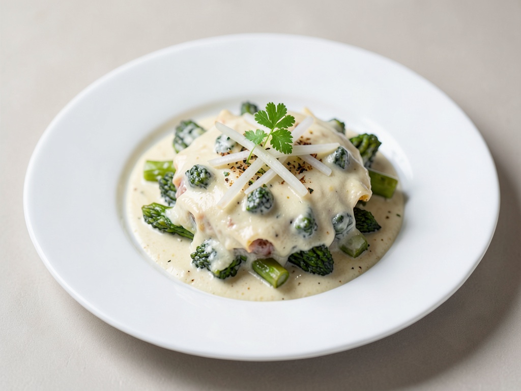 Gratin cremoso di asparagi con cipolline