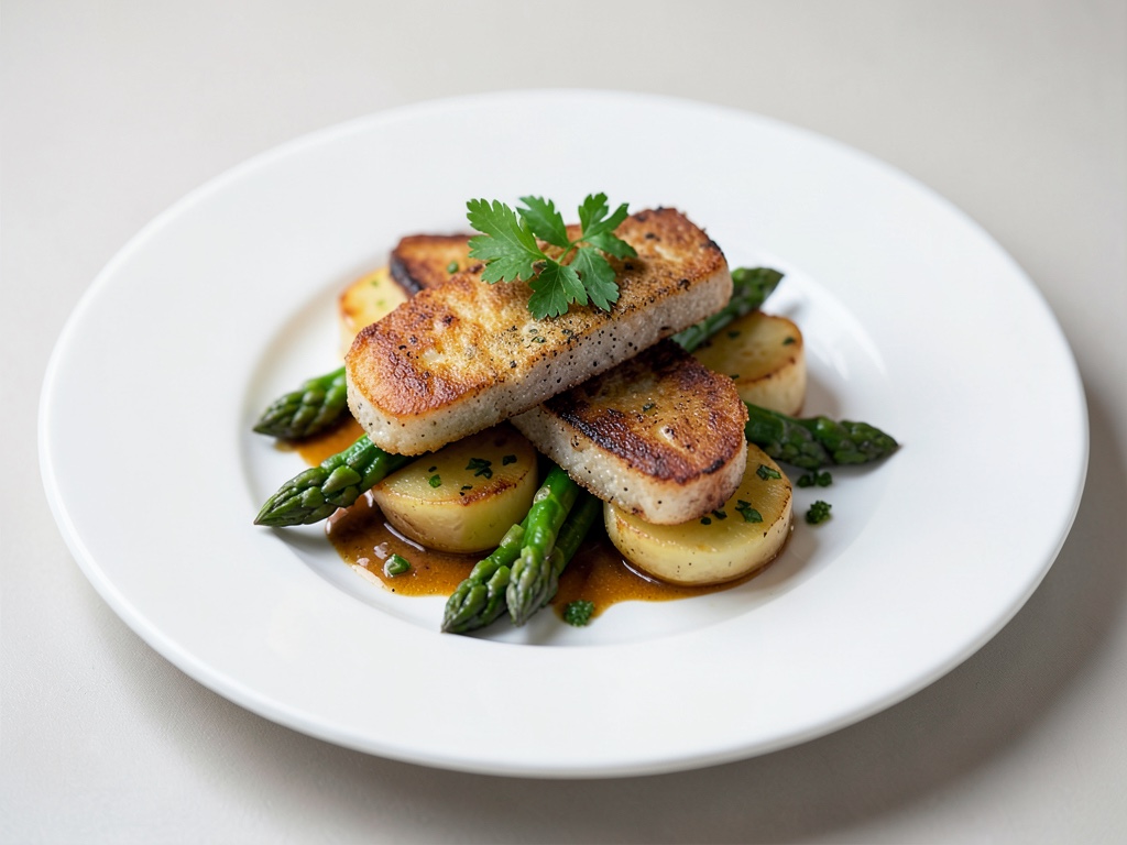 Padella di patate e asparagi con merluzzo di pietra fritto