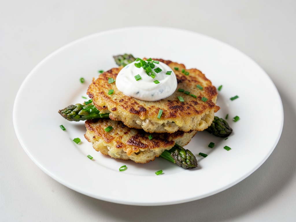 Gaufrettes croustillantes aux asperges vertes et pommes de terre avec yaourt à l'estragon frais