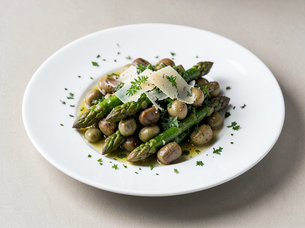 Insalata tiepida di asparagi e fagioli con parmigiano e vinaigrette alle erbe