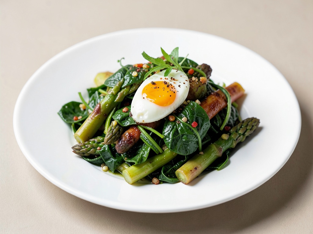 Insalata fresca di asparagi e spinaci con uova alla coque