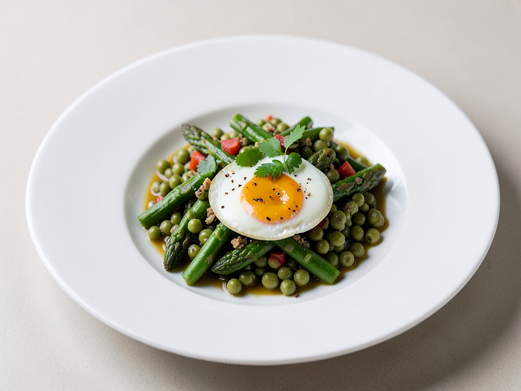 Insalata fresca di asparagi verdi e piselli con uovo