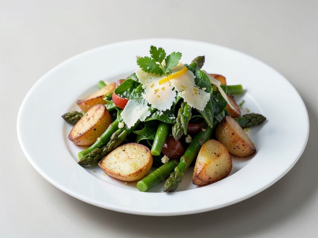 Salade d'asperges avec pommes de terre croustillantes, parmesan et arôme de citron