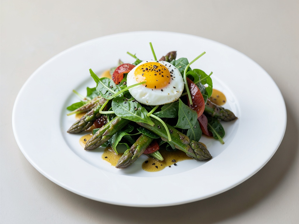 Insalata fresca di asparagi e rucola con uovo poché