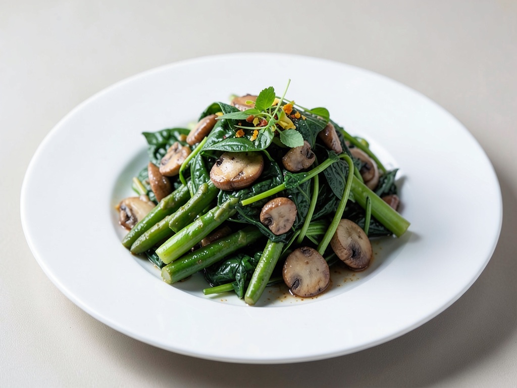 Insalata fresca di asparagi, spinaci e funghi champignon
