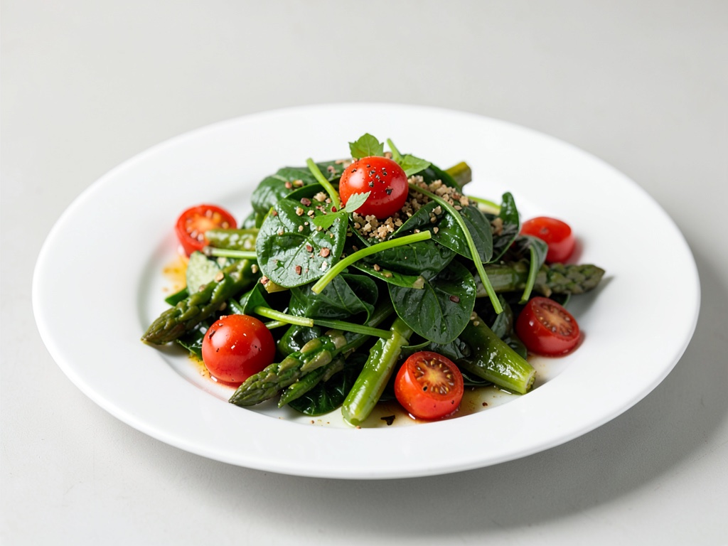Insalata fresca di asparagi, spinaci e pomodori