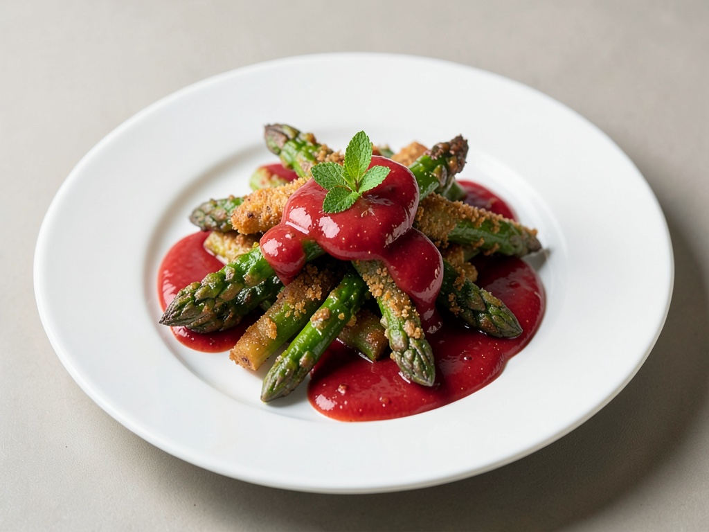 Punte di asparago croccanti con salsa fresca alle fragole