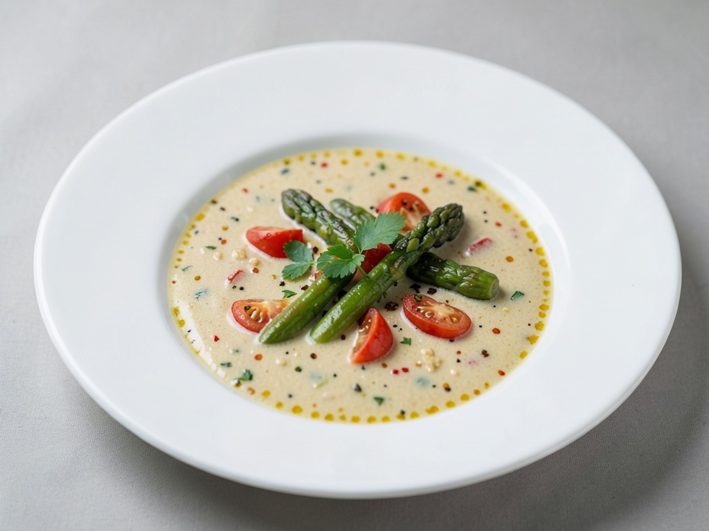 Zuppa cremosa di asparagi e pomodori