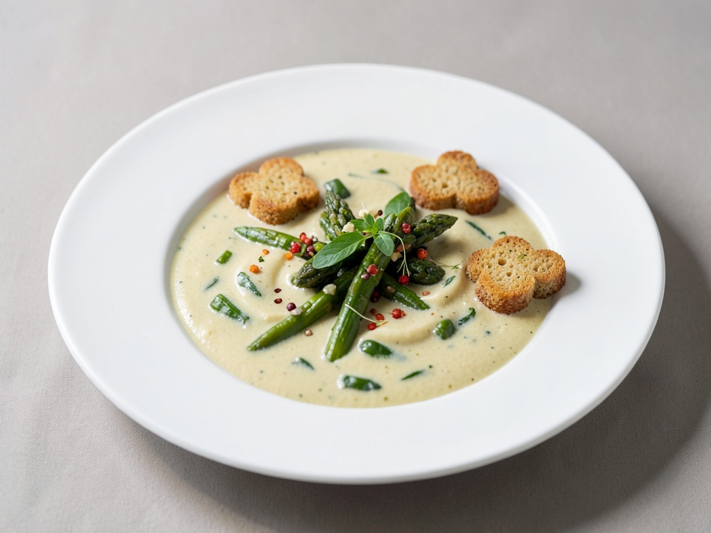 Zuppa cremosa di asparagi con crostini di pane tostato salati