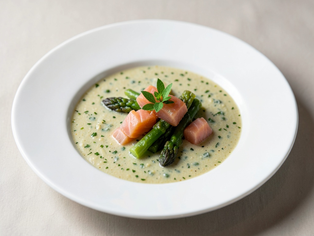 Zuppa cremosa di asparagi e piselli con cubetti di salmone