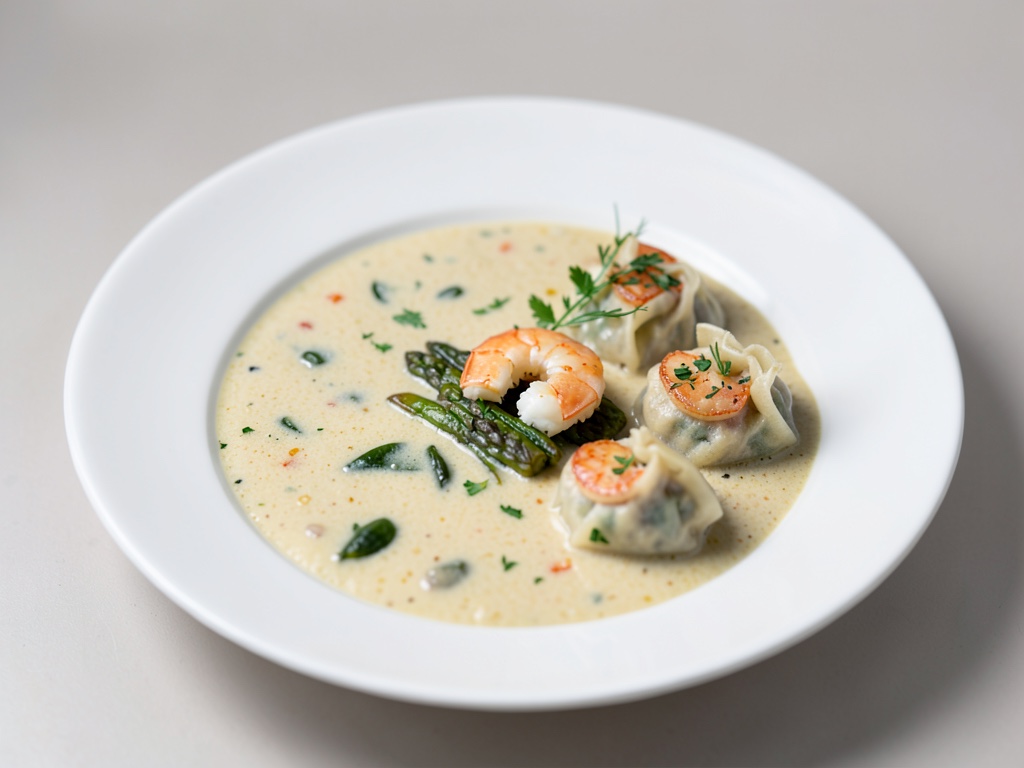 Cremige Spargelsuppe mit Garnelen-Wan-Tan-Taschen