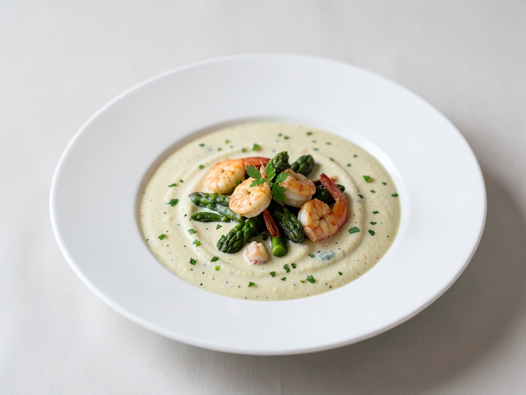 Zuppa cremosa di asparagi con gamberi fritti