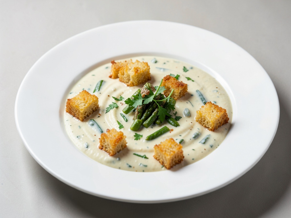 Crèmeuse soupe d'asperges avec morceaux croustillants de choux à la crème