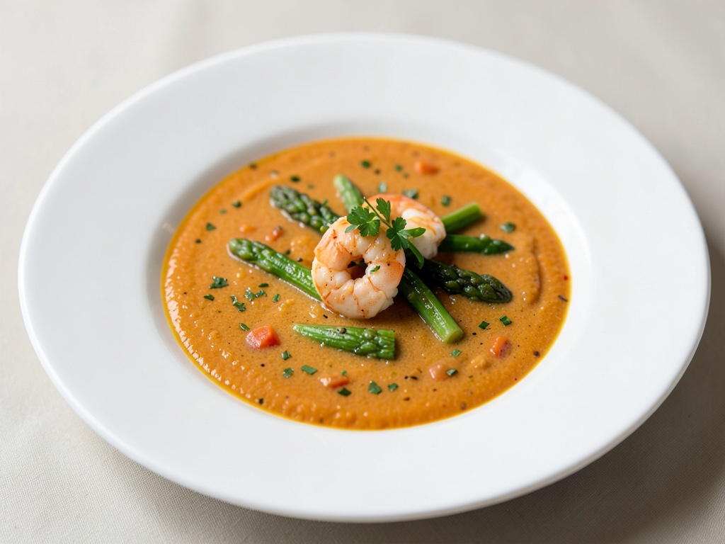 Zuppa cremosa di asparagi e carote con gamberi