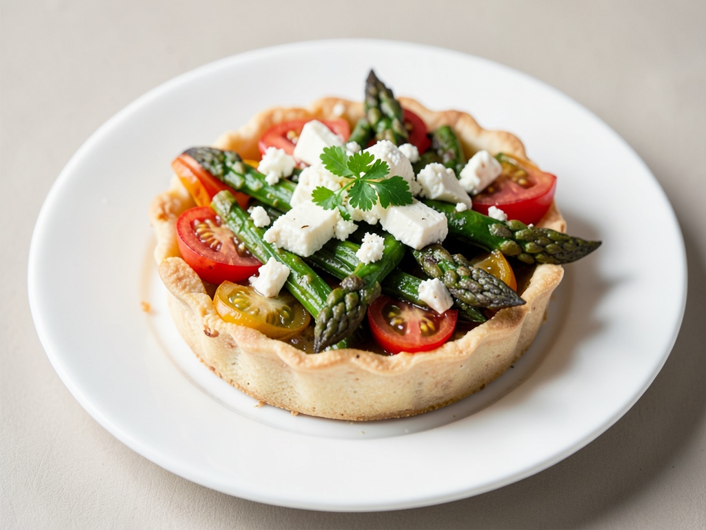 Tarte aux asperges vertes, tomates et fromage de chèvre