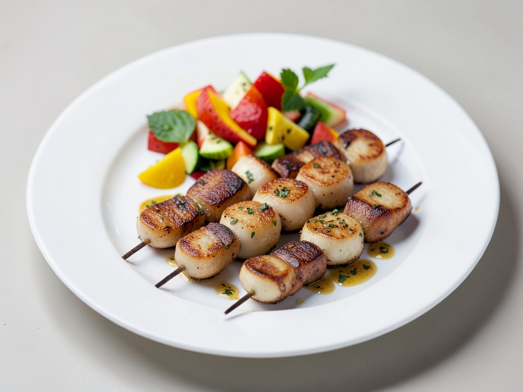 Spiedini di scaloppine con insalata tropicale fruttata