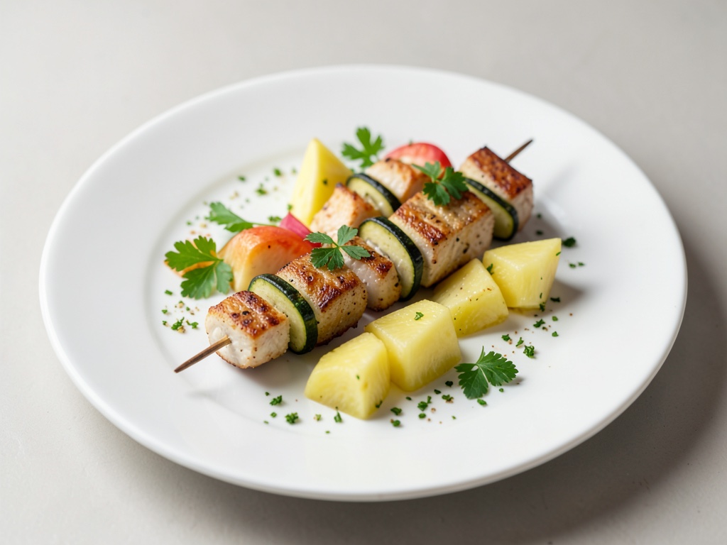 Spiedini di pesce e zucchine con ananas