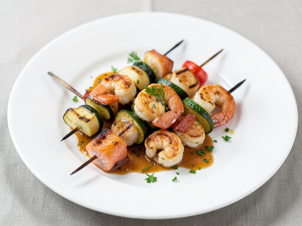 Spiedini alla griglia con gamberi, zucchine e salmone