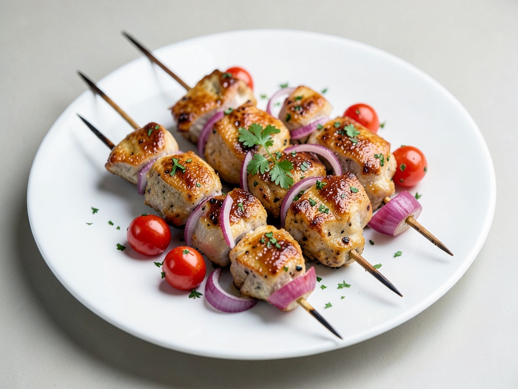 Spiedini di pollo con cipolle rosse e pomodorini