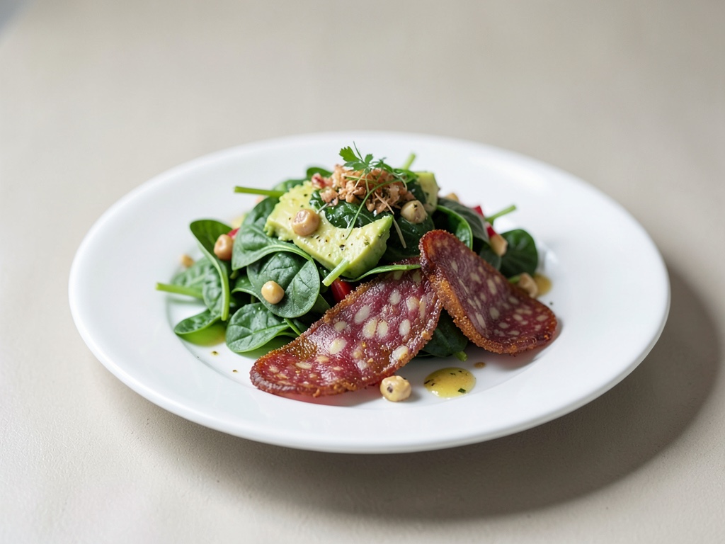 Salade fraîche à l'épinard et avocat avec salami frit