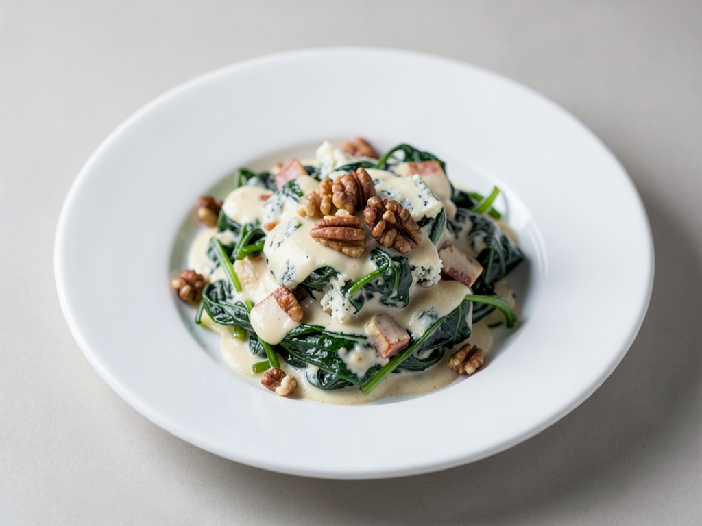 Insalata cremosa di spinaci e pere con formaggio erborinato e noci