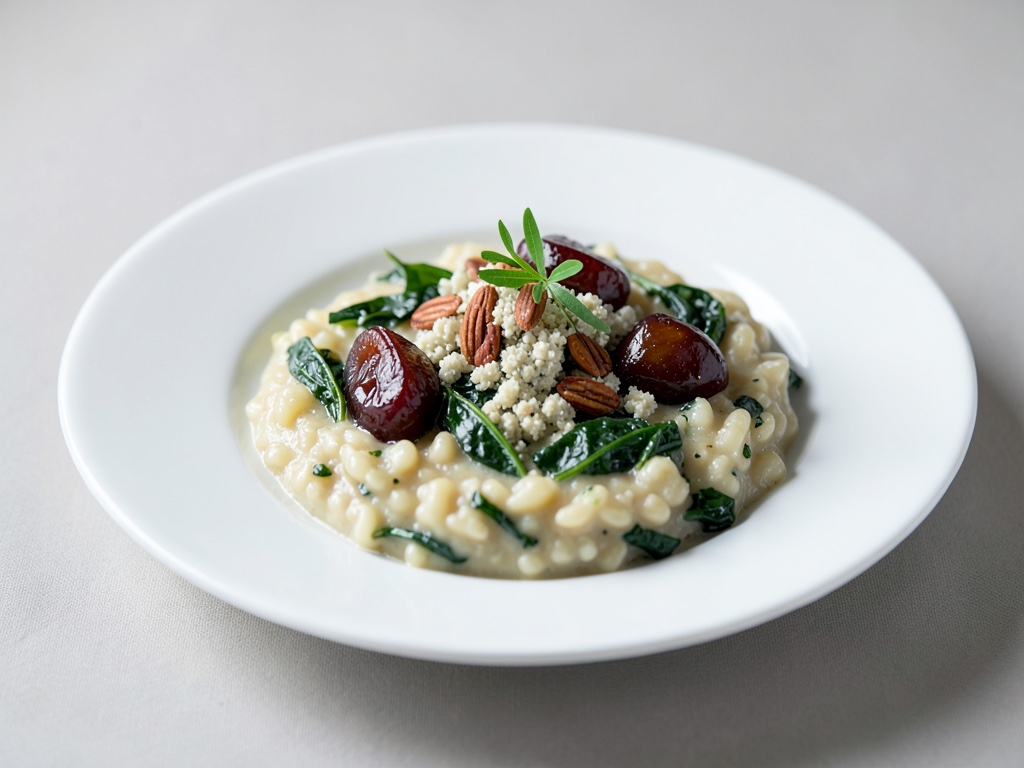Risotto cremoso con spinaci, gorgonzola e prugne caramellate alle mandorle