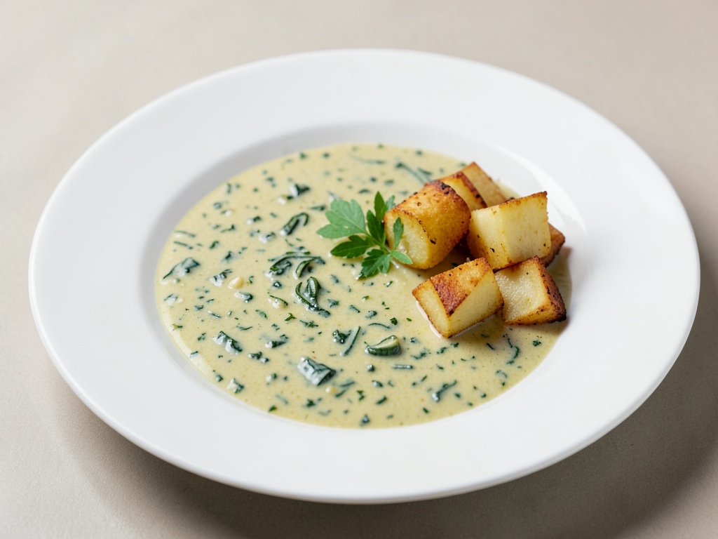 Soupe crémeuse aux épinards et aux herbes avec dés de pommes de terre croustillants