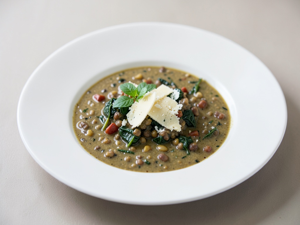 Sopa cremosa de lentejas y espinacas con queso