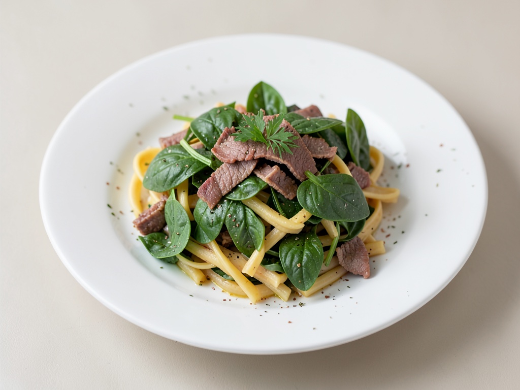 Nudelsalat mit Spinat und Rindfleischstreifen