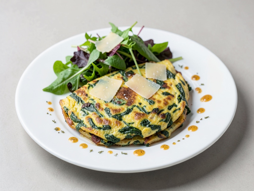 Frittata di spinati riscaldata con insalata mista fresca e parmigiano