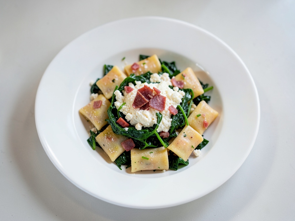 Tortellini fatti in casa agli spinaci e ricotta con pancetta croccante