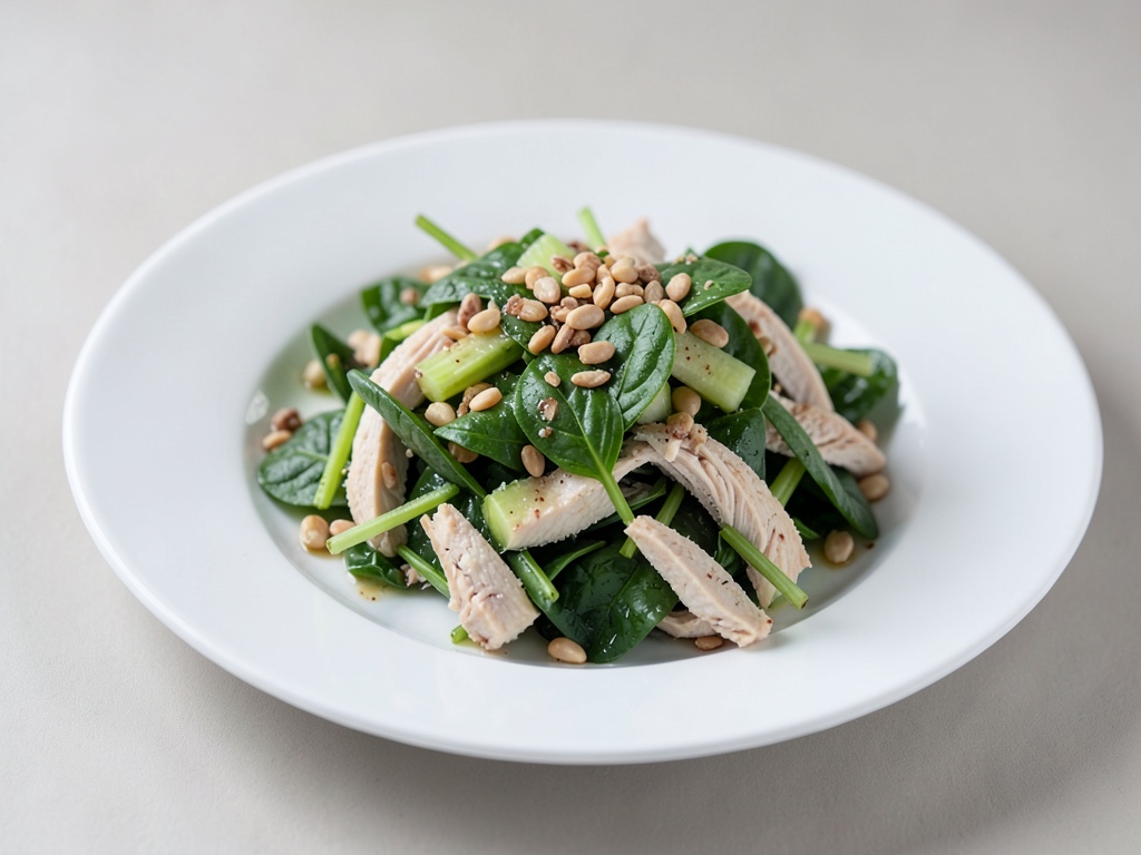 Insalata di pollo con spinaci, sedano e pinoli