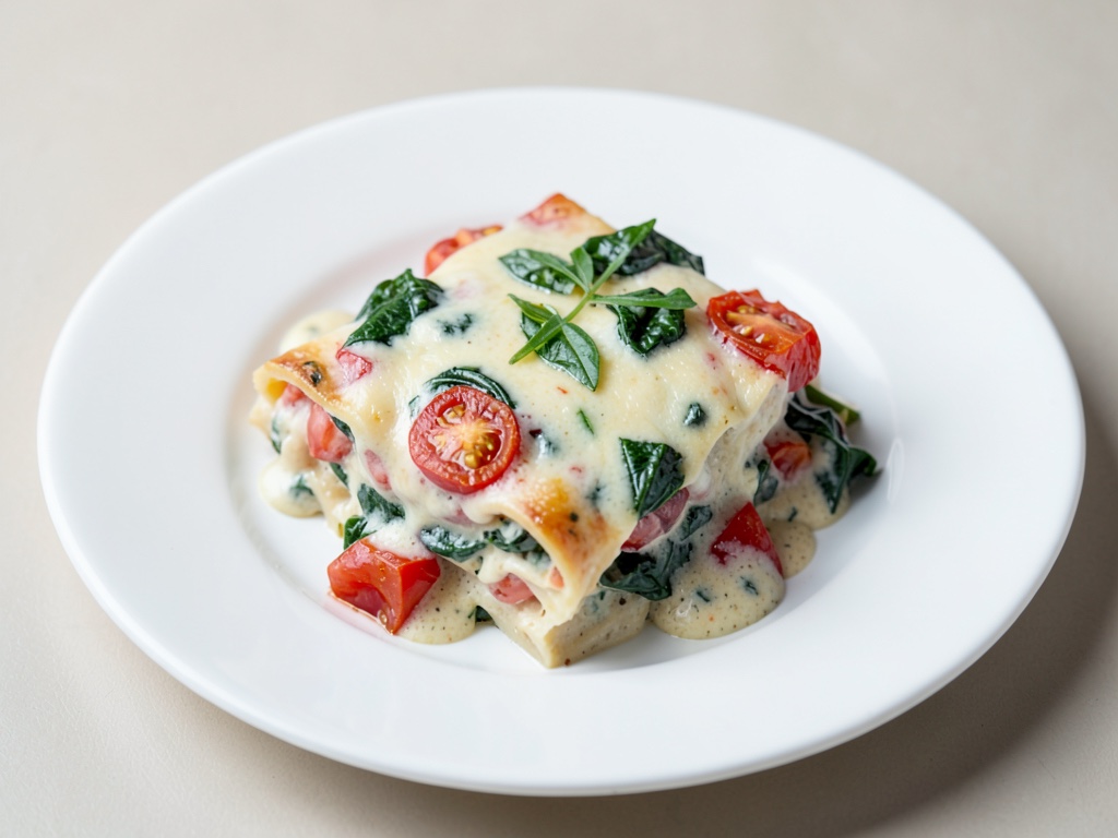 Cremige Lasagne mit Spinat und Tomaten